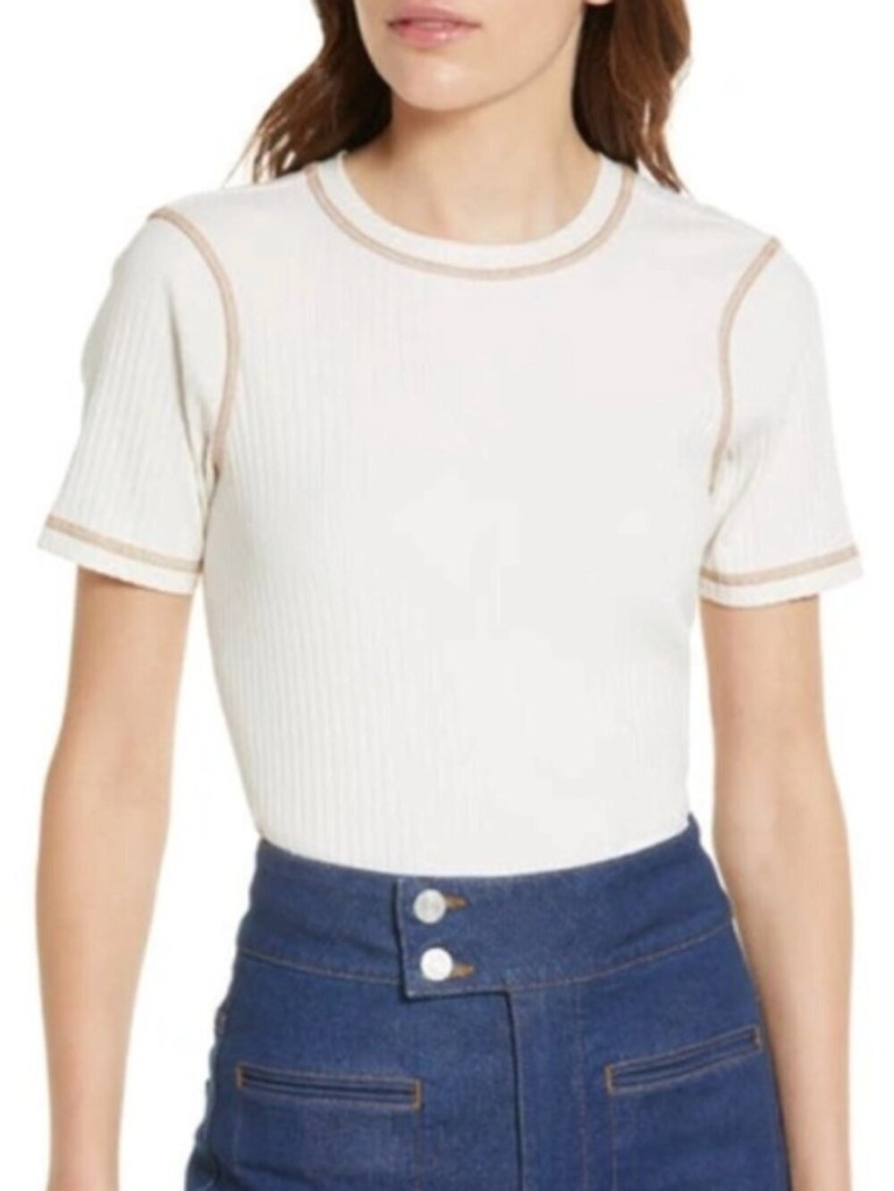FRAME Contrast Stitch Ribbed Crop Form Fitting Short Sleeve Top, Bone White, XS